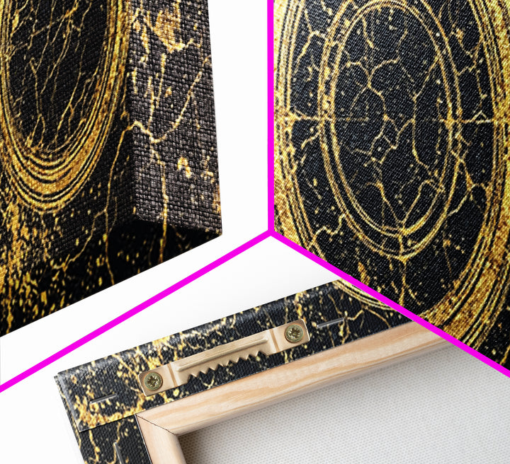Gold Concentric Circles On Black Cracked Stone Wall Art, Geometric Canvas Print, Modern Luxury Decor, Abstract Pattern Art