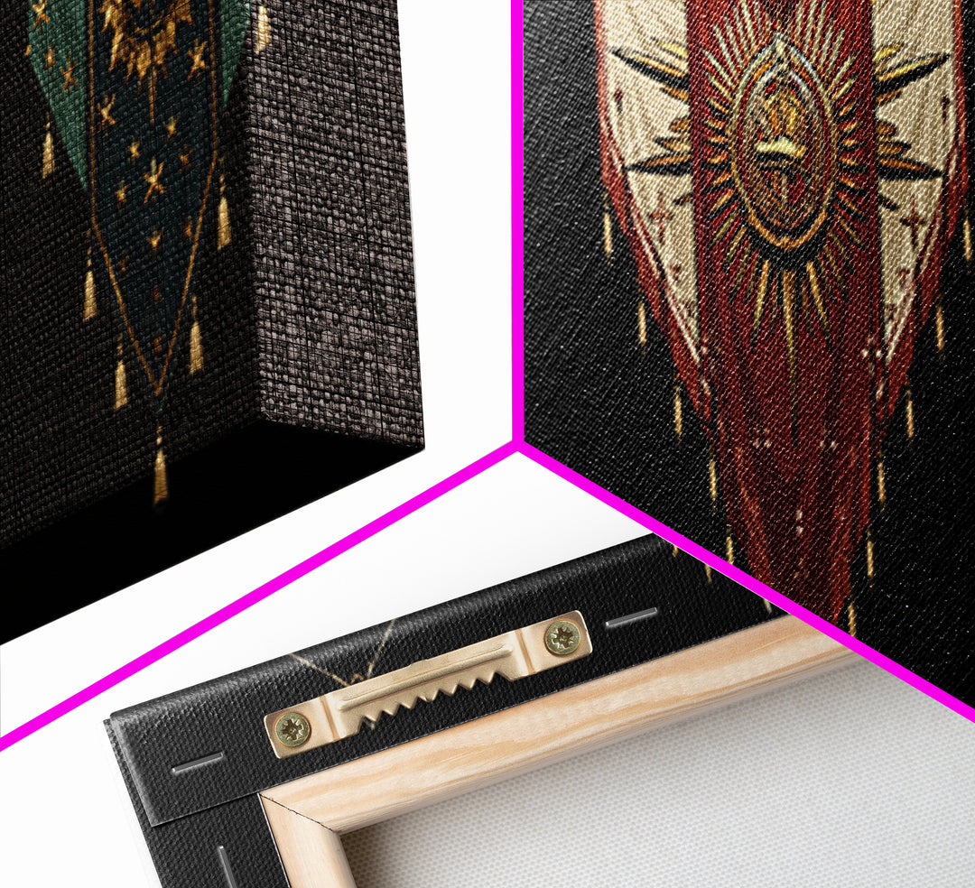 Ornate African Tribal Banners Wall Art, Gold Teal Shield Canvas, Afrocentric Decor, Modern African Art Print Gift For Home Decor