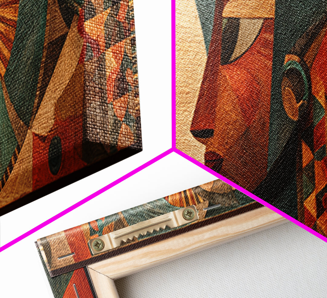 Cubist African Woman Profile Wall Art, Earth Tone Tribal Portrait, Abstract African Art Decor, Panoramic Canvas Print Gift