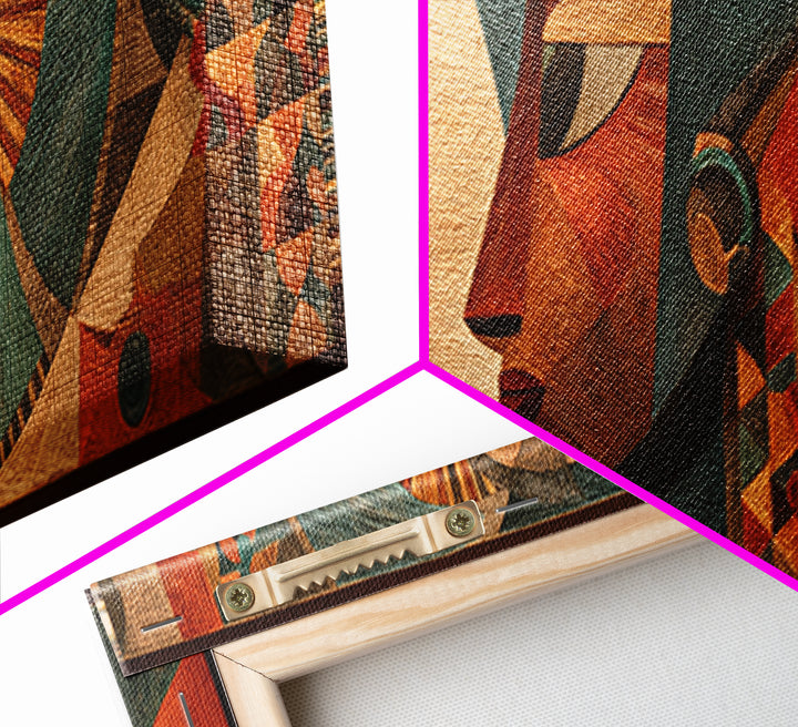 Cubist African Woman Profile Wall Art, Earth Tone Tribal Portrait, Abstract African Art Decor, Panoramic Canvas Print Gift