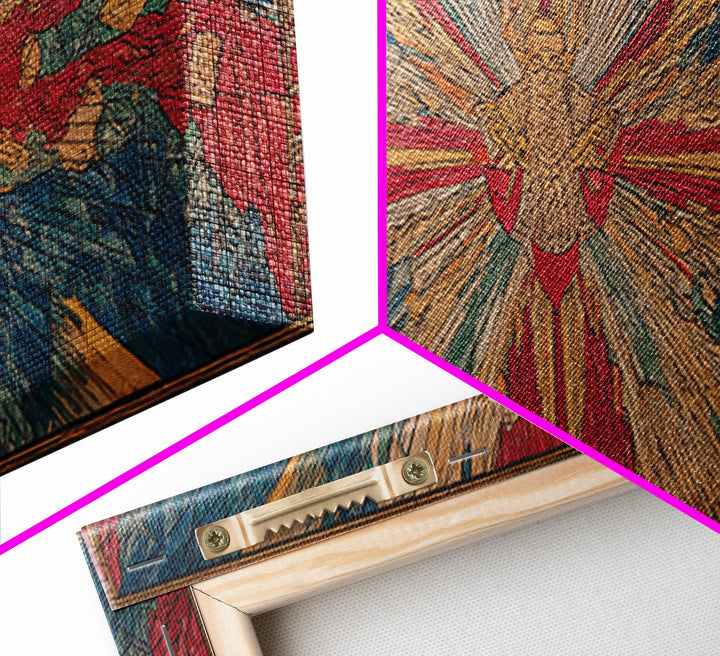 Radiant Dove Cross Abstract Wall Art, Red Blue Spiritual Canvas Print, Contemporary African Inspired Decor, Statement Gift