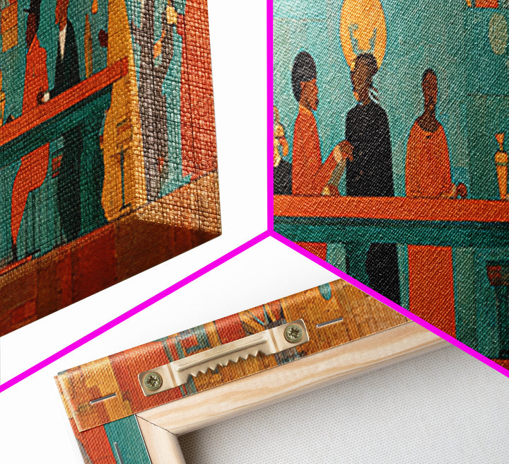 Turquoise Orange Social Gathering Wall Art, African Lounge Scene Canvas Print, Modern Afrocentric Decor For Home And Office
