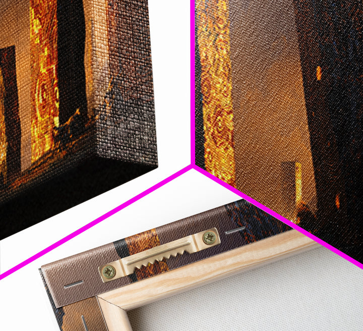 Glowing Ancient Monoliths In Desert Sunset Framed Canvas Print, Mystical Wall Art, Fantasy Ruins Decor, Large Wall Decor
