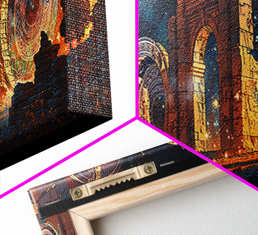 Starlit Ancient Arches With Cosmic Portals Framed Canvas Print, Mystical Wall Art, Galaxy Ruins Decor, Large Wall Art, Unique Home Decor