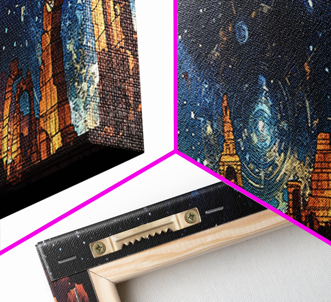 Starry Temple Ruins With Blue Gold Celestial Sky Wall Art, Framed Canvas Print, Mystical Decor, Large Statement Wall Decor