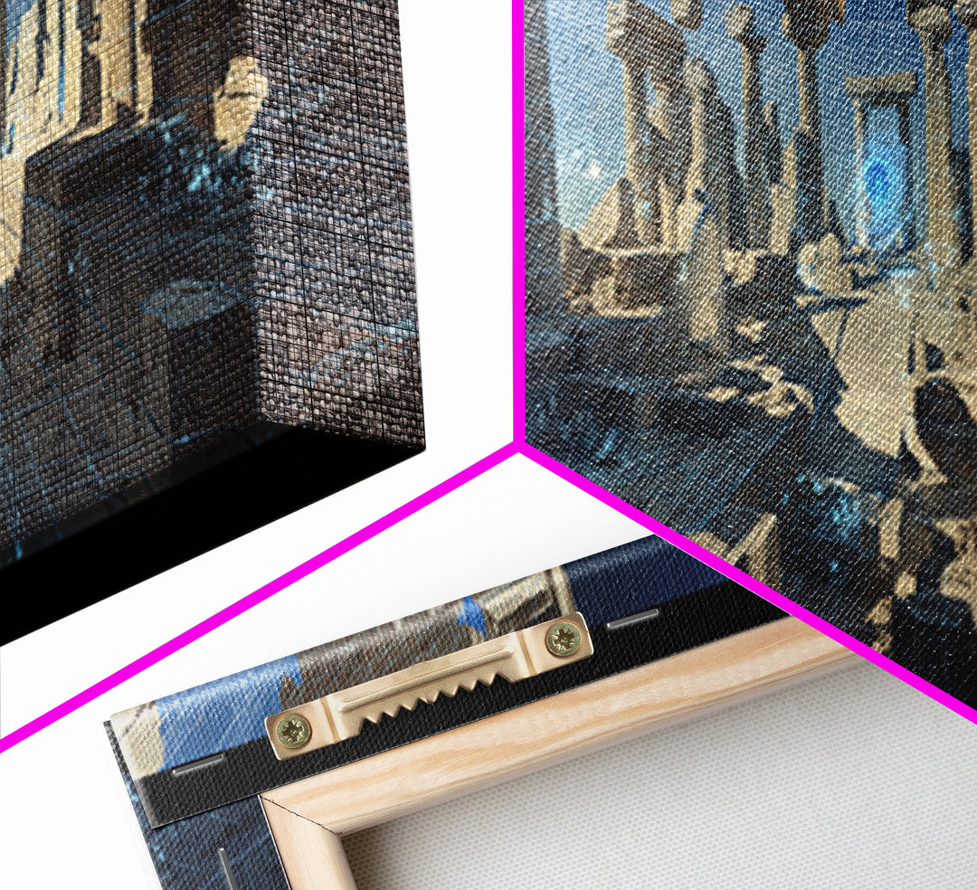 Blue Futuristic Column Ruins With Digital Grid Canvas Print, Modern Wall Art, Sci Fi Office Decor, Large Wall Decor, Unique Home Decor