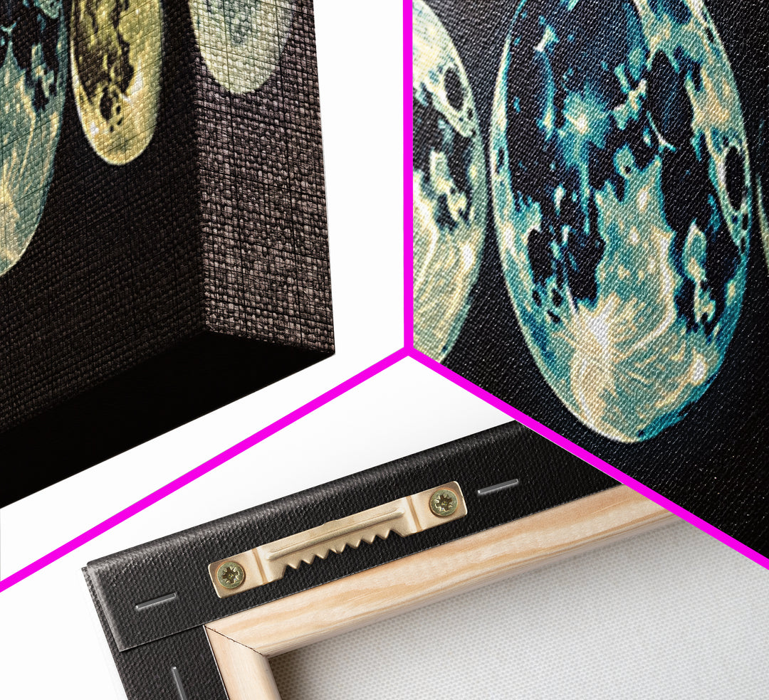Glowing Moon Phases Canvas Print, Celestial Wall Art, Black Art Print, Dreamy Wall Art, Bedroom Wall Decor, Unique Gift, Poster