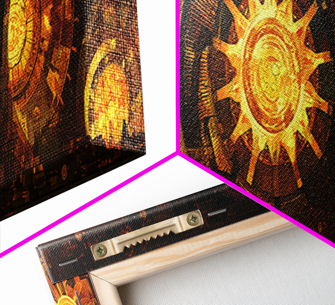 Golden Celestial Clockwork Suns Wall Art, Afrofuturism Decor, African Inspired Abstract, Luxury Canvas For Living Room Decor
