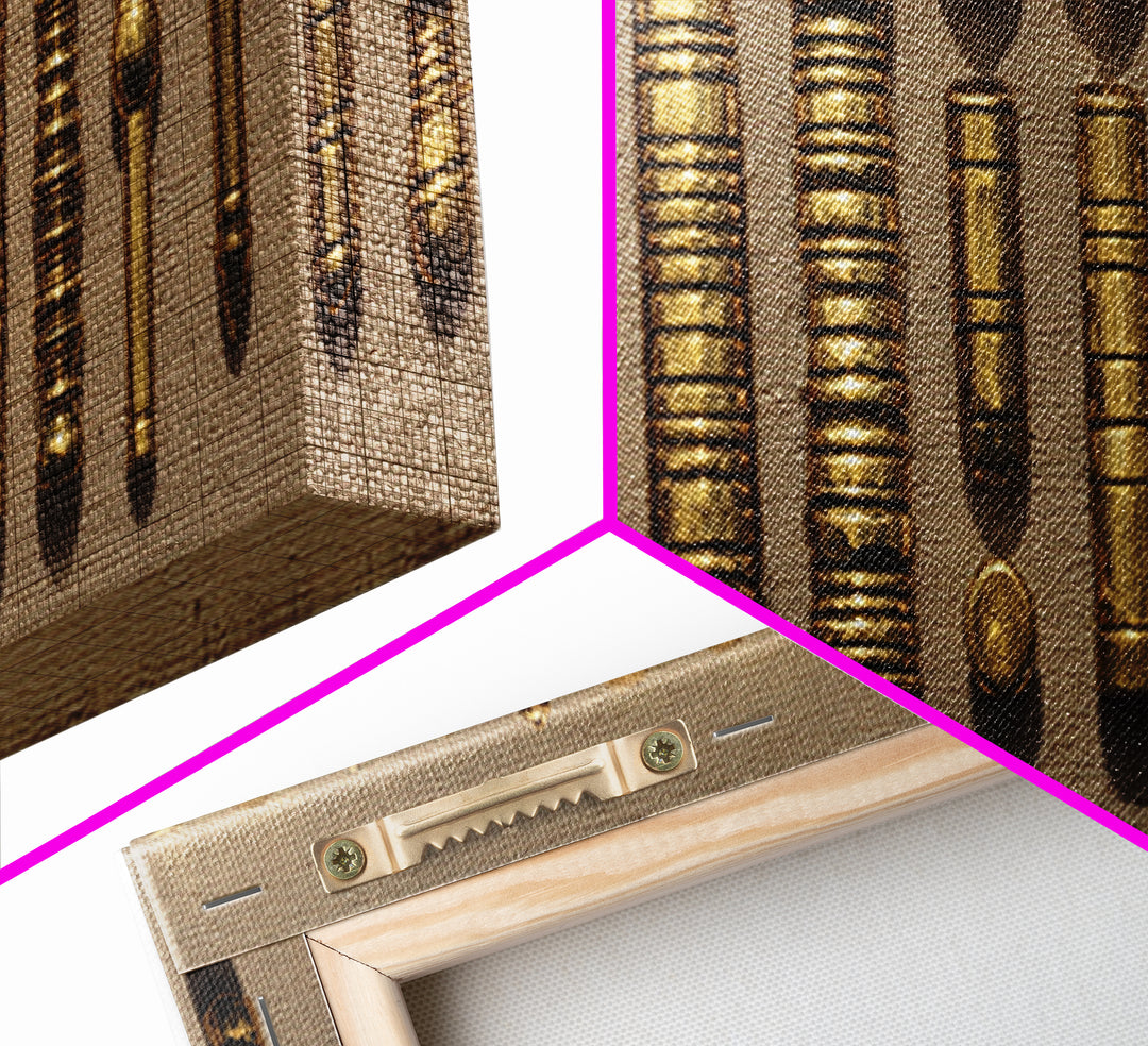 Antique Brass Tribal Objects Wall Art, African Decor, Cultural Art Print, Gold Textile Canvas Print For Eclectic Home Decor