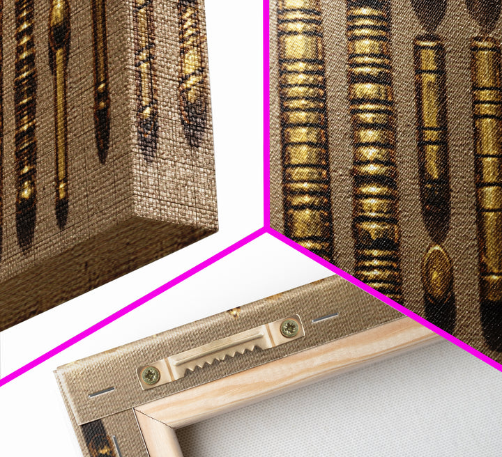 Antique Brass Tribal Objects Wall Art, African Decor, Cultural Art Print, Gold Textile Canvas Print For Eclectic Home Decor