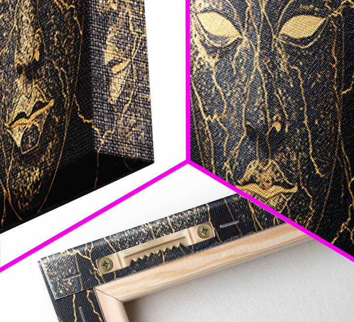 Black And Gold Cracked Mask Faces Framed Canvas Print, African Tribal Art, Elegant Afrocentric Wall Decor, Luxury Home Decor