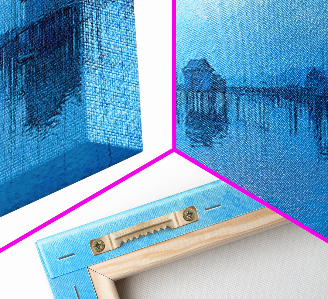 Blue Stilt Village Over Water Framed Canvas Print, Minimalist African Landscape Wall Art, Coastal Home Decor, Serene Gift