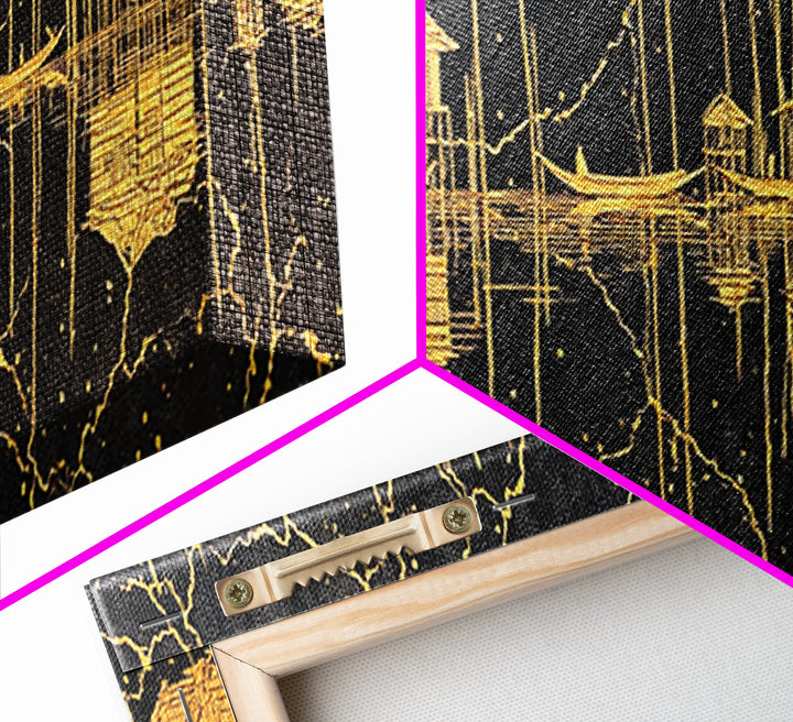 Gold Stilt Hut Reflections On Black Wall Art, Abstract Coastal Canvas Print, Luxury Modern Decor, Statement Living Room Art
