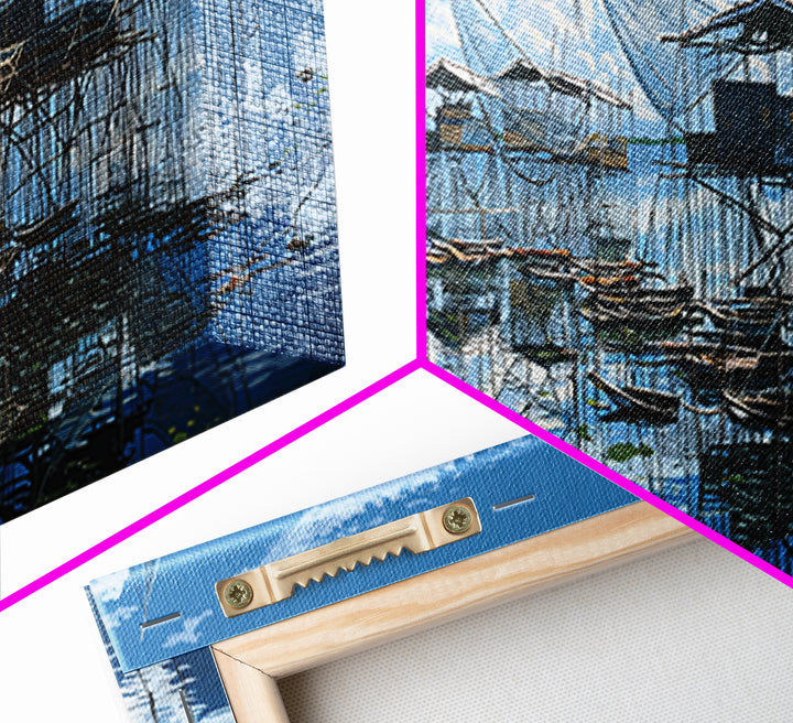 Blue Stilt Fishing Village Panorama Wall Art, Coastal Canvas Print, Bright Seascape Decor, Large Nautical Living Room Art