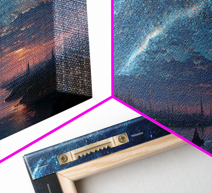 Starry Night River City Skyline Wall Art, Blue Fantasy Canvas Print, Dreamy Galaxy Decor, Large Modern Living Room Art Print