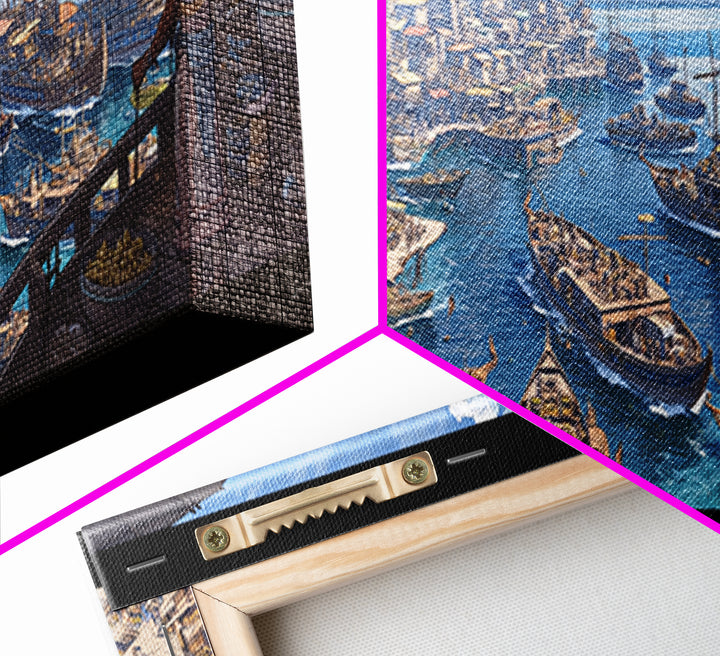 Busting Coastal Canal Market Panorama Wall Art, Blue Harbor Canvas Print, Mediterranean Style Decor, Large Living Room Art