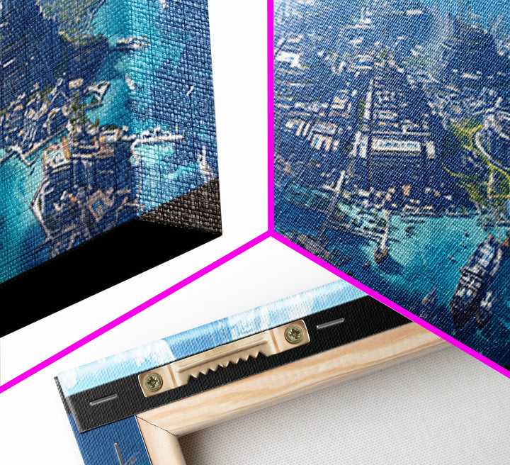 Futuristic Island Harbor City Aerial Wall Art, Turquoise Canvas Print, Epic Coastal Landscape Decor, Large Modern Wall Art
