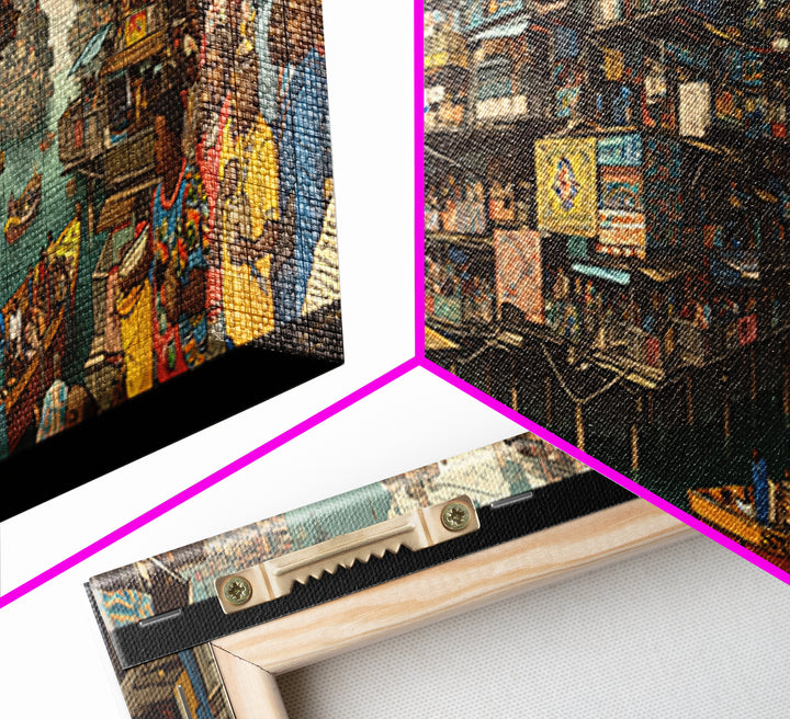 Vibrant Floating African Canal City Wall Art, Afrocentric Market Boats, Cultural Waterfront Decor, Panoramic Canvas Print