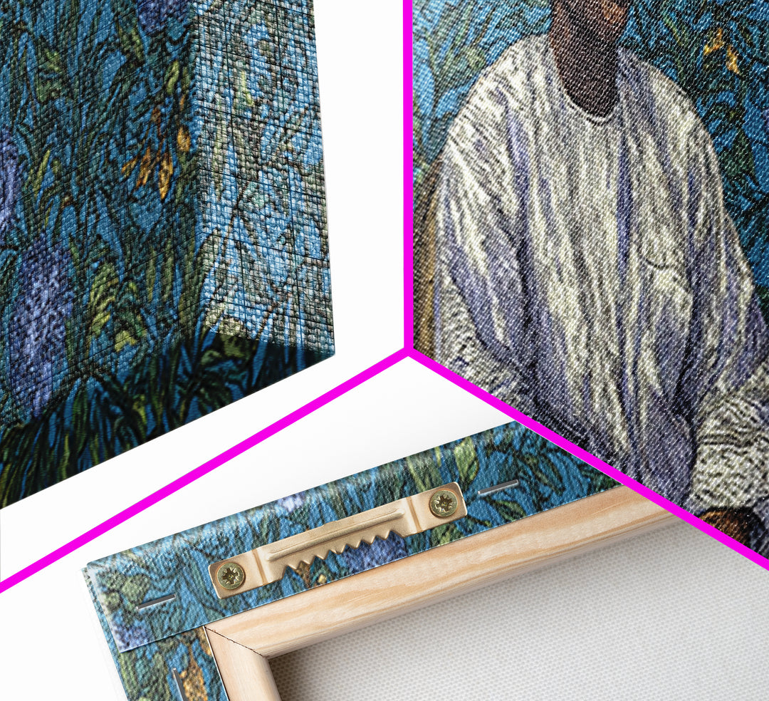 Contemplative African Man Floral Portrait Wall Art, Blue Botanical Pattern, Cultural Framed Canvas Print, Elegant Home Decor