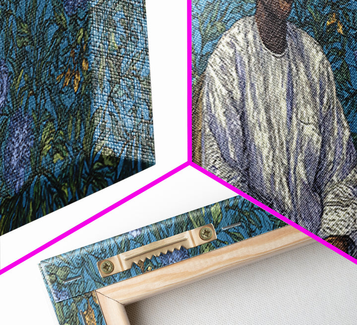Contemplative African Man Floral Portrait Wall Art, Blue Botanical Pattern, Cultural Framed Canvas Print, Elegant Home Decor