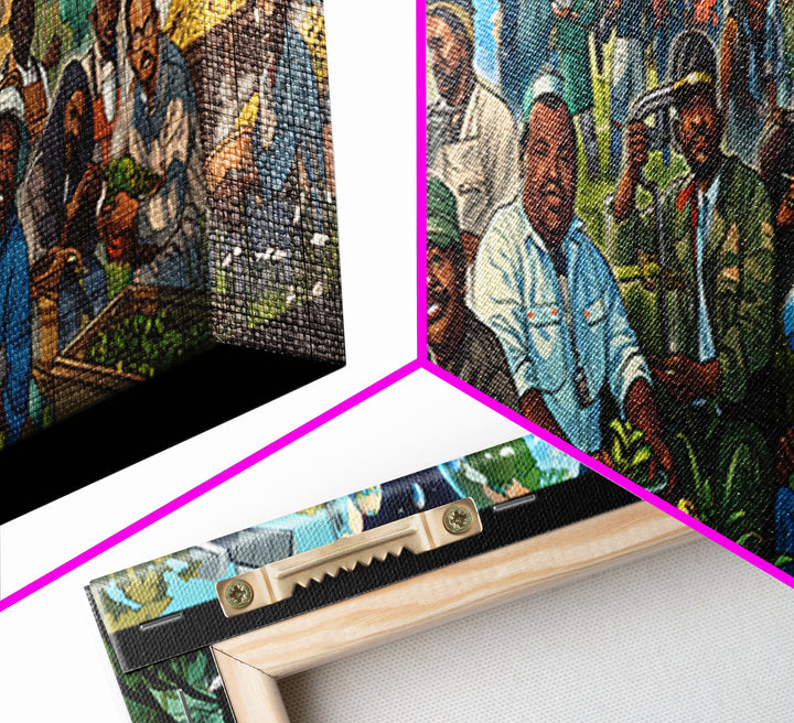 Joyful African Community Feast With Globes Canvas Print, Afrocentric Wall Art, Black Culture Decor, Food Market Kitchen Gift