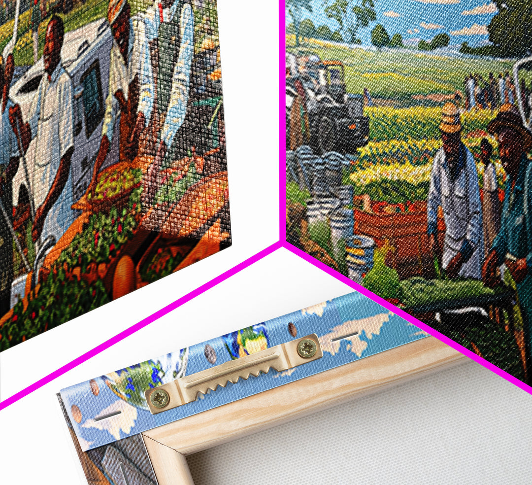 Futuristic African Farmers And Market Globes Canvas Print, Afrocentric Wall Art, Black Culture Decor, Vibrant Living Room Gift