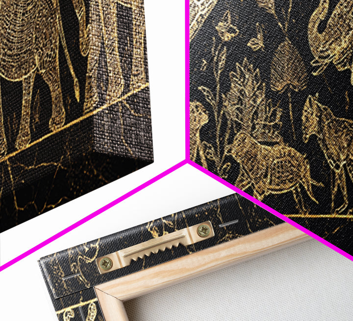 Gold Safari Animals On Black Wall Art, African Elephant, African Giraffes, Jungle African, Luxury Canvas Art, Safari Decor