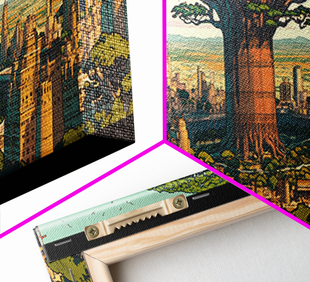 Colossal Baobab In Golden Futuristic City Framed Canvas Print, African Wall Art, Modern Afrocentric Office Decor, Large Statement Piece