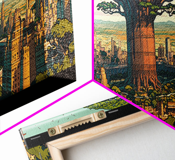 Colossal Baobab In Golden Futuristic City Framed Canvas Print, African Wall Art, Modern Afrocentric Office Decor, Large Statement Piece