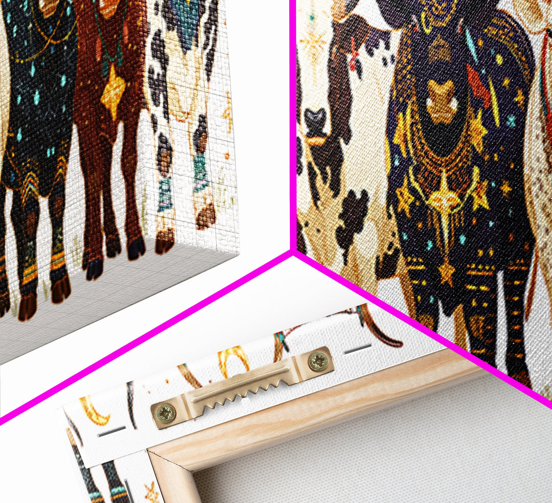 Celestial Boho African Bulls With Moon Charms Canvas Print, Colorful Safari Animal Wall Decor, Afrocentric Housewarming Gift