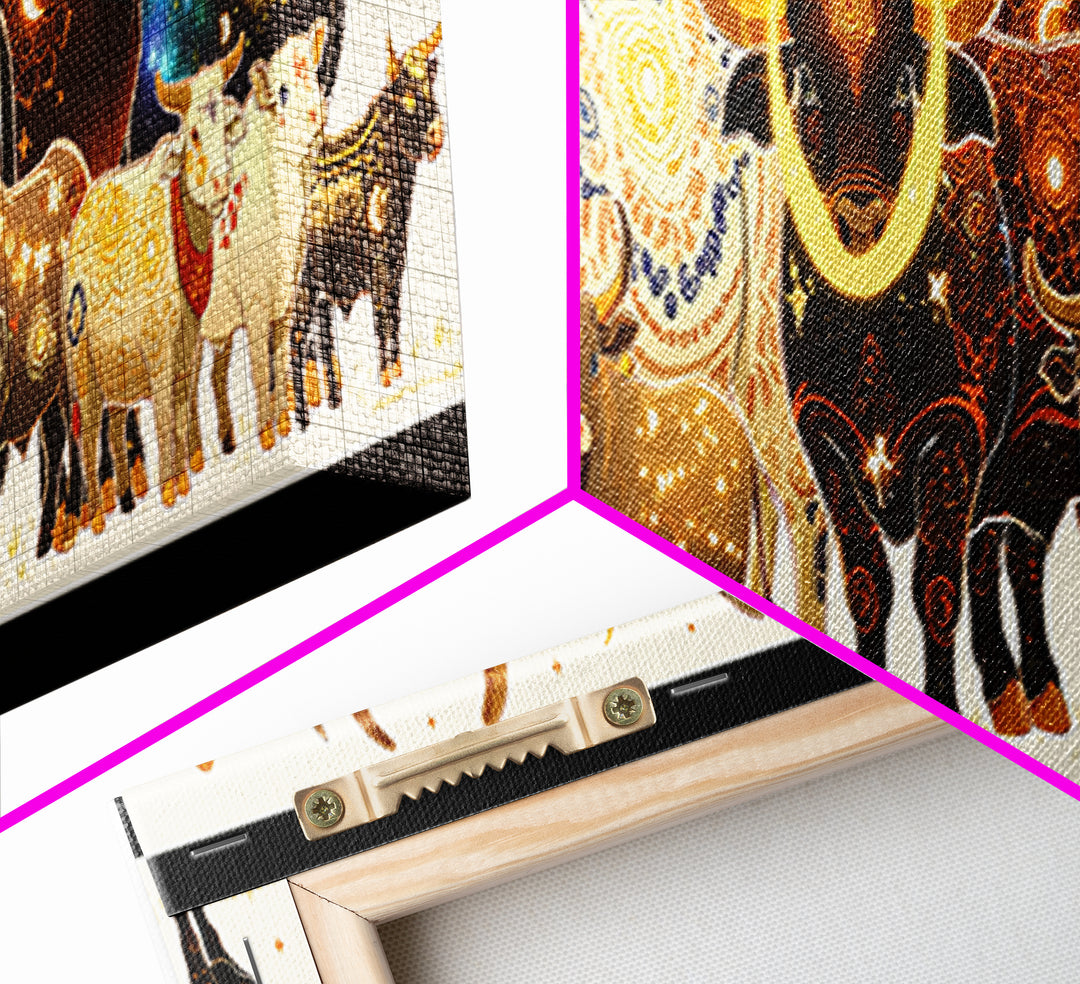 Ornate Celestial African Bulls And Calves Canvas Print, Moon Phase Safari Animal Wall Art, Boho Farmhouse Decor Gift For Her