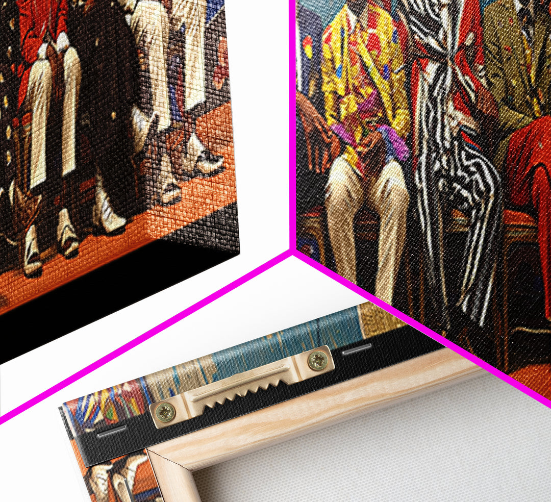 Seated African Dandy Chiefs In Colorful Suits Framed Canvas Print, Afrocentric Wall Decor, Black Culture Statement Art Gift