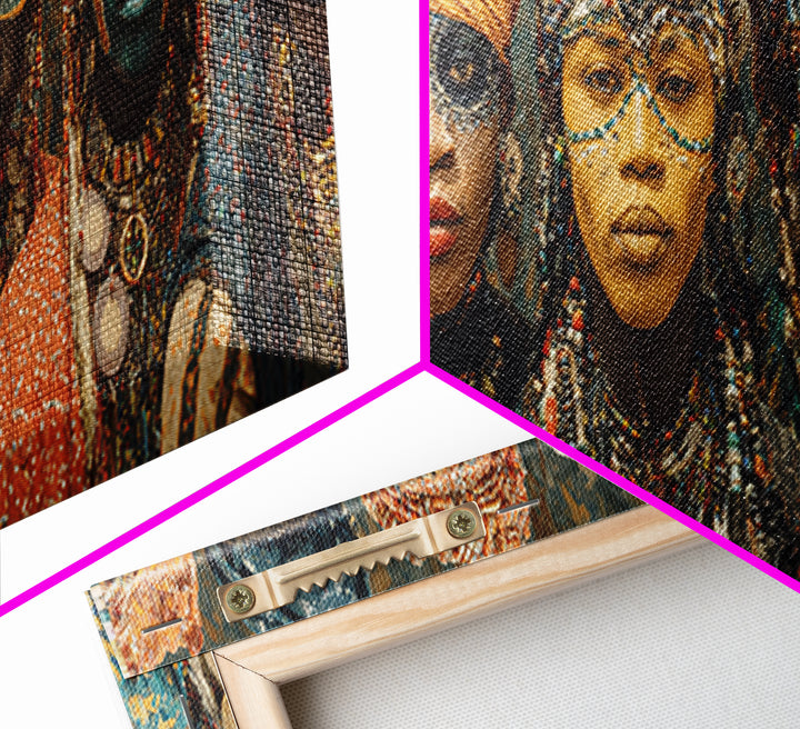 Beaded African Women With Painted Faces Canvas Print, Tribal Queen Portrait Wall Art, Afrocentric Cultural Home Decor Gift