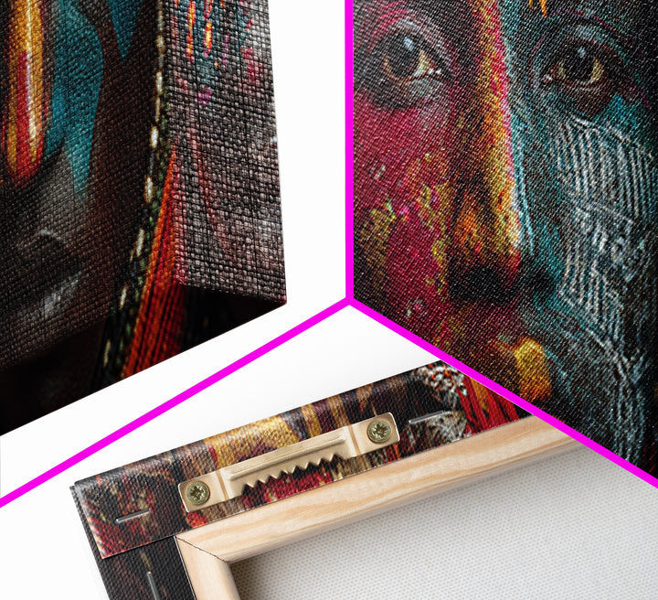 Intense Tribal Painted Faces With Feathers Wall Art, African Warrior Portrait Canvas Print, Bold Afrocentric Home Decor Gift