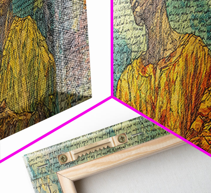 Three African Men Portrait Wall Art, Handwritten Script Texture, Yellow Blue Cultural Decor, Modern Afrocentric Canvas Print