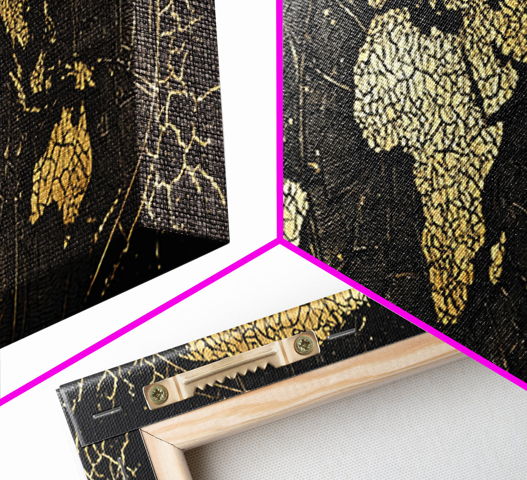 Gold Cracked World Map On Black Canvas Print, African Travel Wall Art, Luxury Home Decor, Modern Office Decor, Gift For Him