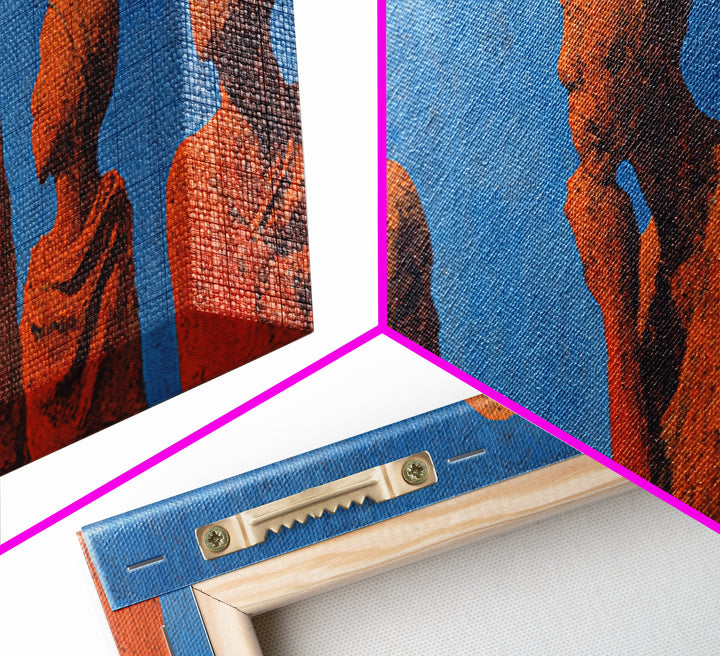 Terracotta African Figures Sharing Stories On Blue Wall Art, Tribal Family Decor, Cultural Portrait Print, Warm Minimalist Art