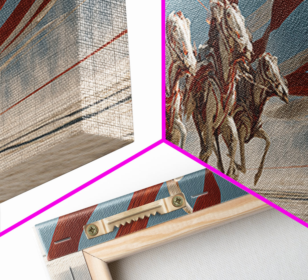 White Horses And Chariot Riders With Flowing Ribbons Wall Art, African Warrior Art, Equestrian Canvas Print, Statement Decor