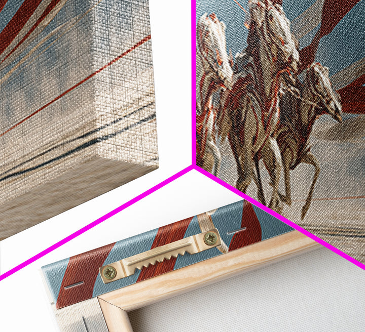 White Horses And Chariot Riders With Flowing Ribbons Wall Art, African Warrior Art, Equestrian Canvas Print, Statement Decor