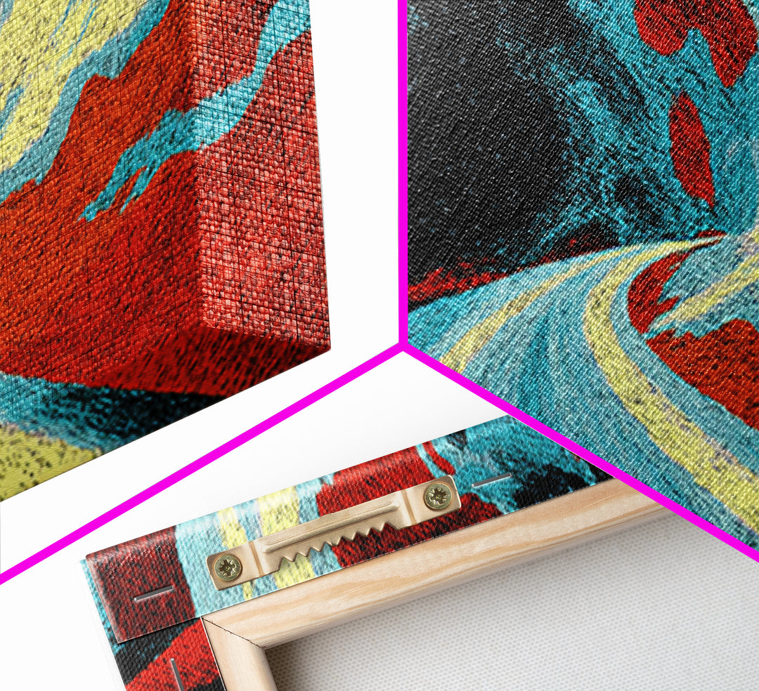 Electric Desert Highway Wall Art, Abstract Red Turquoise Road, Modern Canvas Decor, Large Statement Art For Living Room Decor