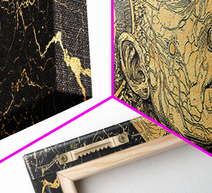 Golden Ancestral Profile Wall Art, African Portrait Linework, Black And Gold Cultural Canvas Print, Elegant Home Decor Gift