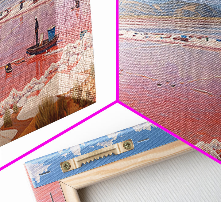 Pink Salt Lake Boats Wall Art, Pastel African Landscape, Coastal Travel Poster, Serene Canvas Decor For Living Room Gift