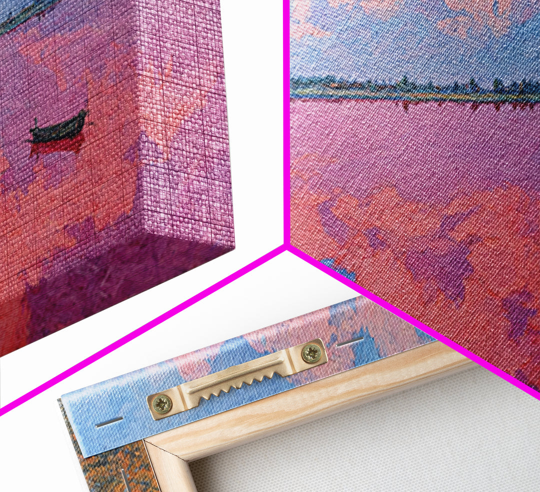 Pastel Pink Lake Sunset Canvas Print, African Landscape With Boat, Dreamy Wall Decor, Modern Coastal Art For Living Room