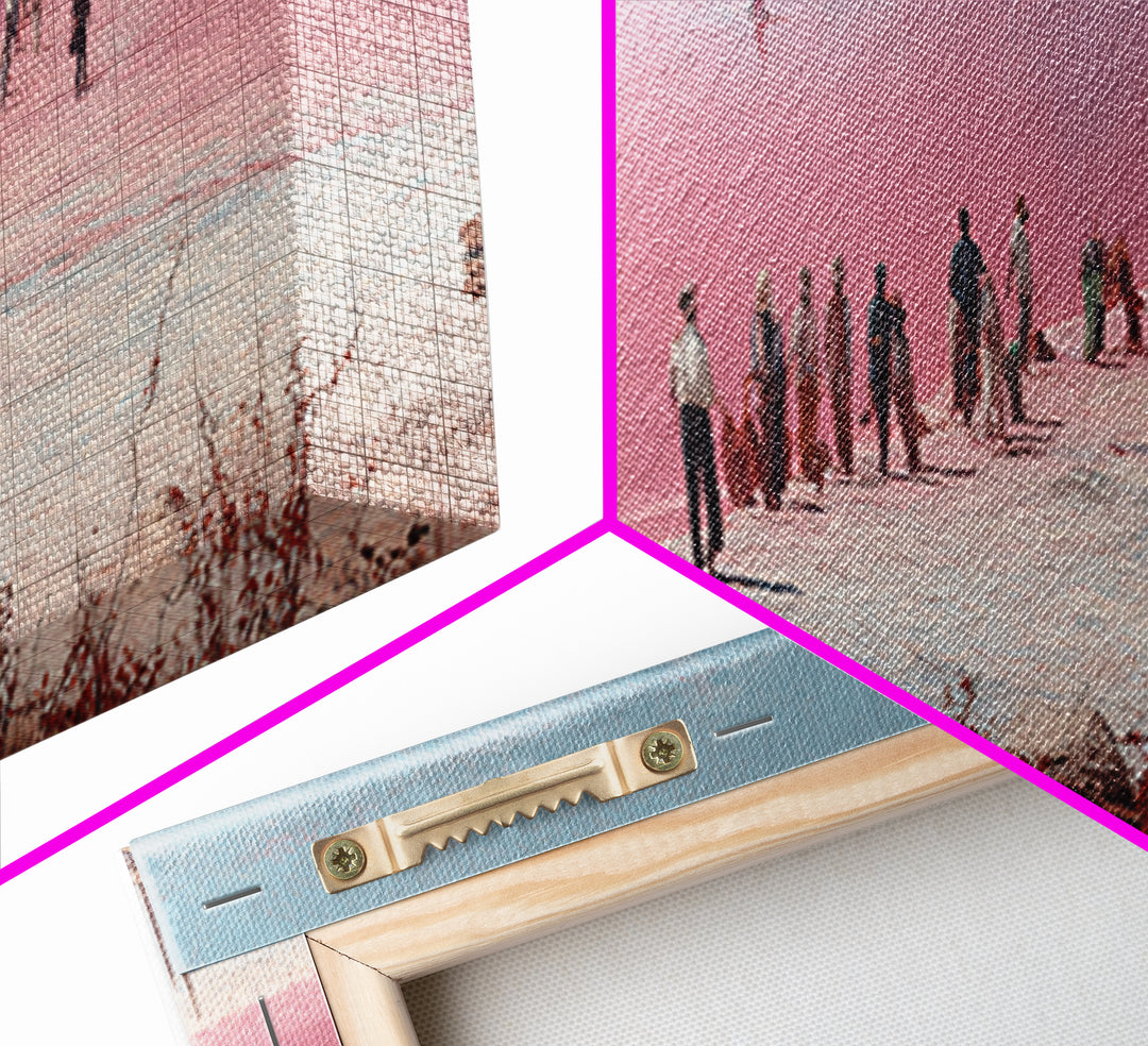 Pink Salt Flats Procession Wall Art, African Lake Landscape, Coastal Travel Poster, Pastel Canvas Decor For Living Room Gift