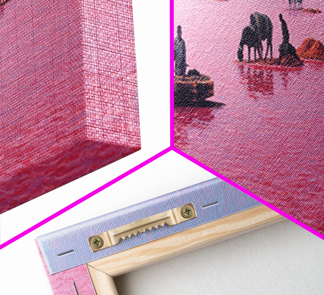 Pink Lake Salt Harvest Canvas Print, African Boats And Cattle Landscape, Coastal Wall Decor, Unique Living Room Art Gift