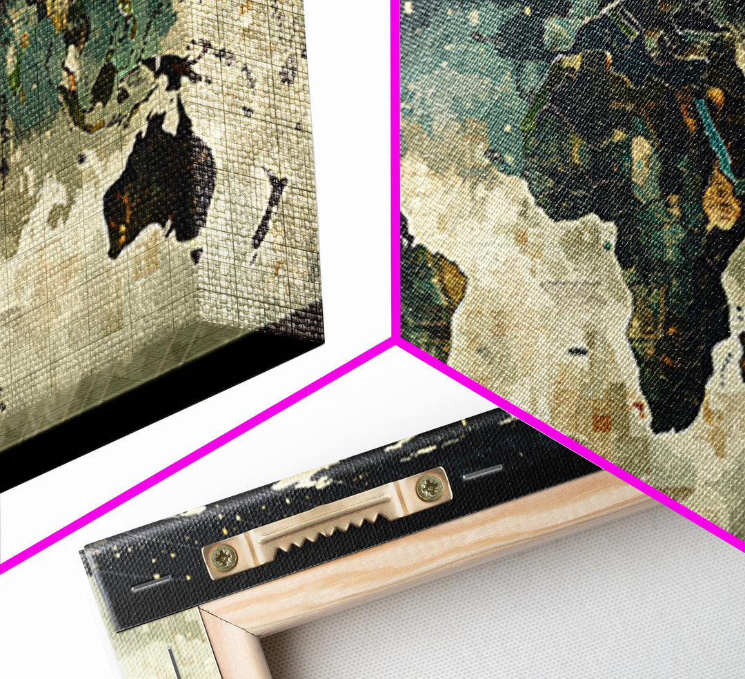 Abstract World Map Wall Art, Earth Tone Travel Decor, Modern Canvas Print Style, Office Geography Poster For Home Office Decor