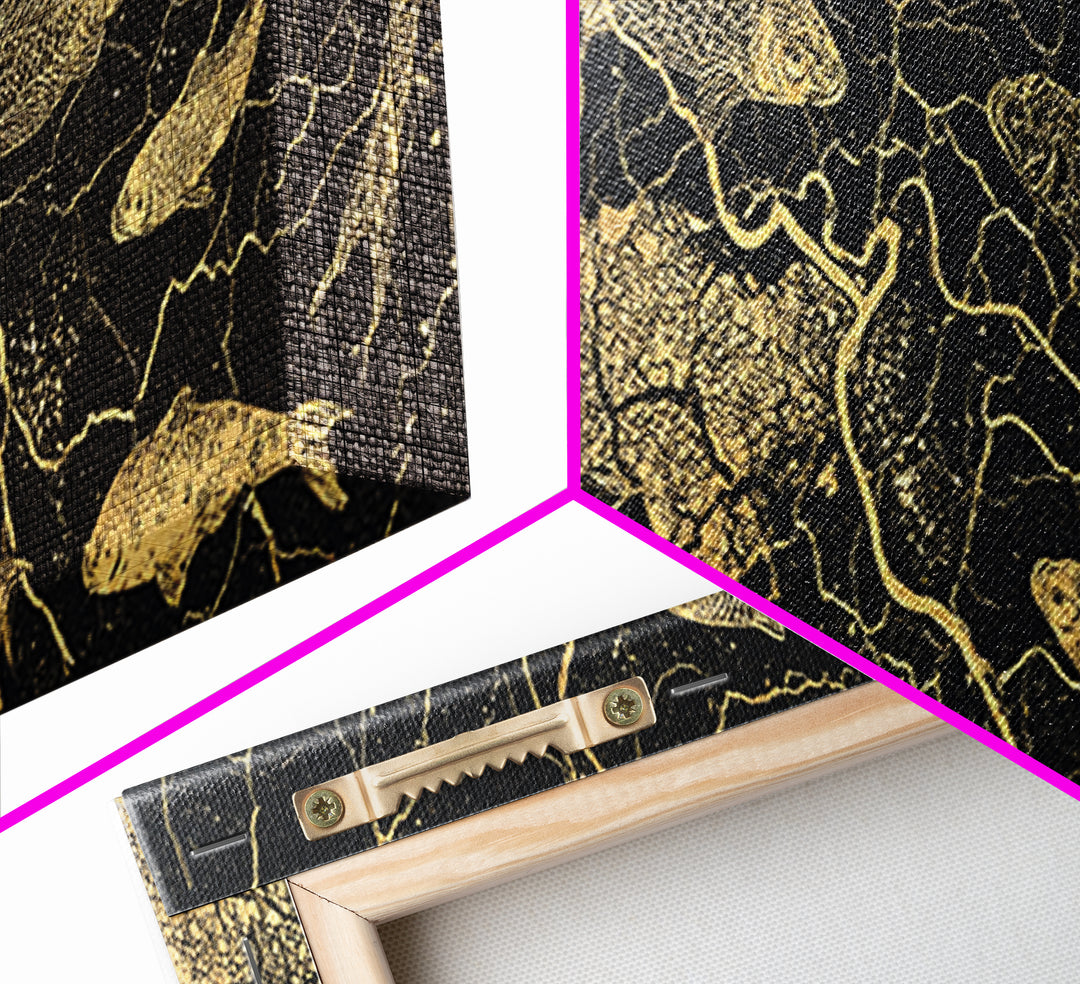Gold Koi Fish And Cracked Map Wall Art, Black And Gold Canvas Print, African Inspired Decor, Luxury Statement Home Art Gift