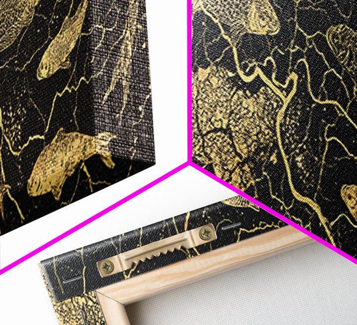 Gold Koi Fish And Cracked Map Wall Art, Black And Gold Canvas Print, African Inspired Decor, Luxury Statement Home Art Gift