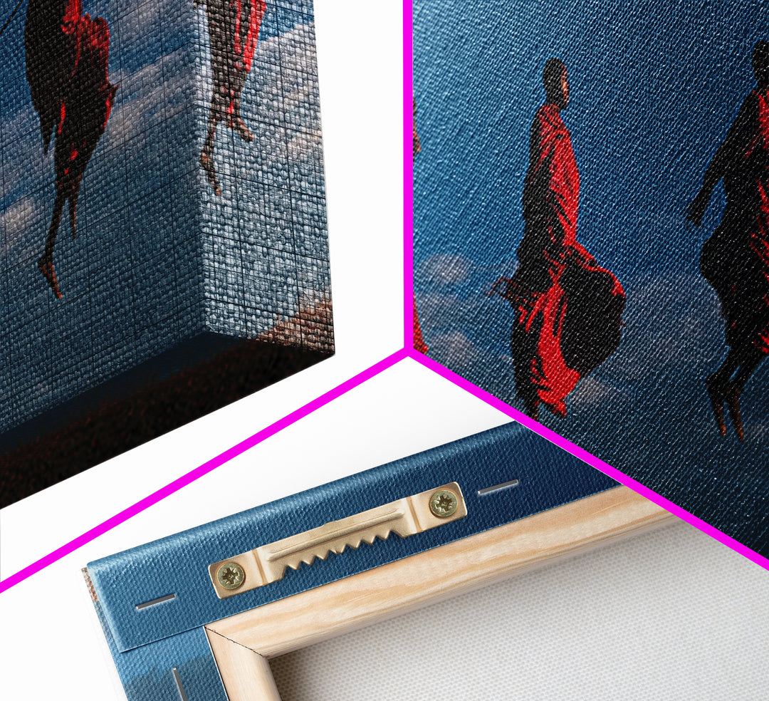 Red Maasai Warriors Leaping With Spears Wall Art, Panoramic African Tribal Art, Safari Decor, Bold Cultural Home Decor Gift