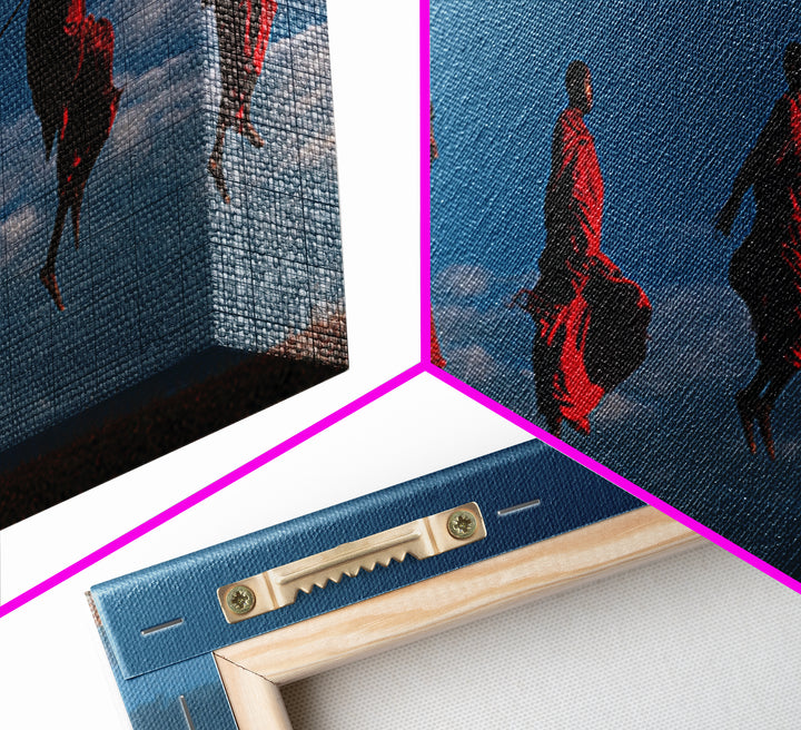 Red Maasai Warriors Leaping With Spears Wall Art, Panoramic African Tribal Art, Safari Decor, Bold Cultural Home Decor Gift